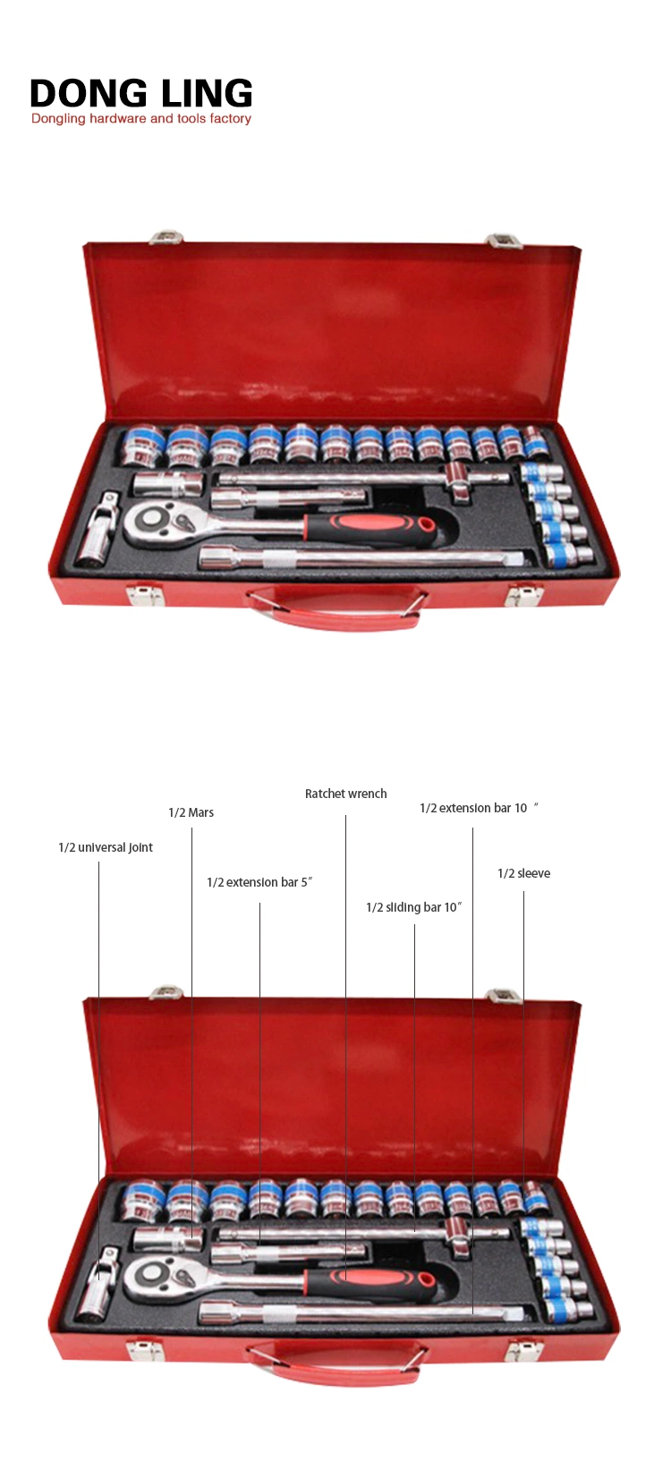 24PCS Iron Box 1/2 Inch Mechanic Tools Set Chrome Vanadium Socket Wrench Set for Fastening